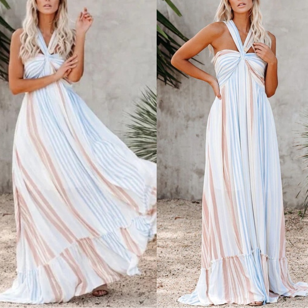 FATE Striped Maxi Dress smallBlue Pink Halter - Picture 1 of 7